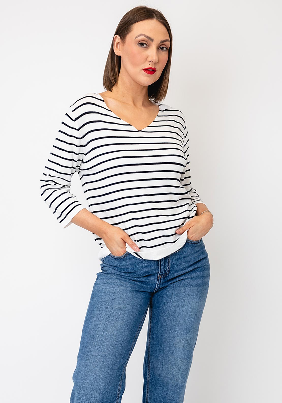Serafina Basic Striped V-Neck Top, White Multi