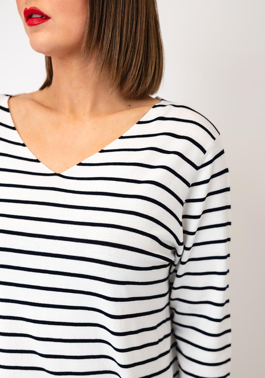 Serafina Basic Striped V-Neck Top, White Multi