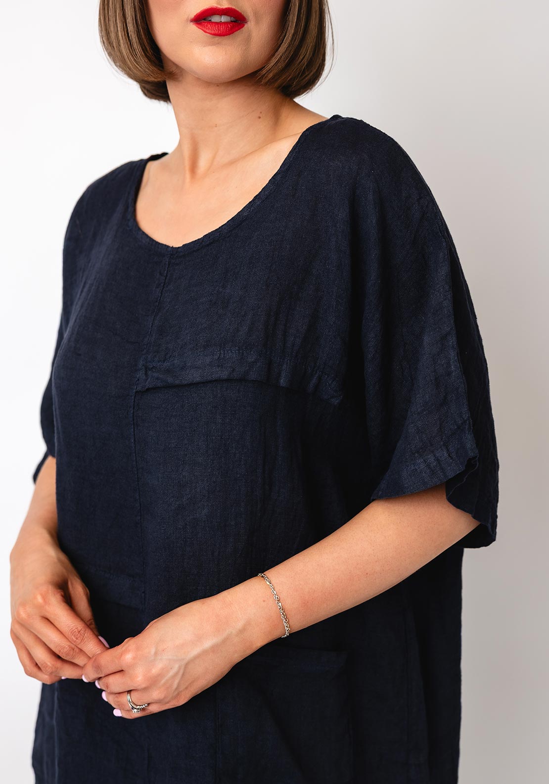 Serafina Collection One Size Pocket Front Linen Blouse, Navy