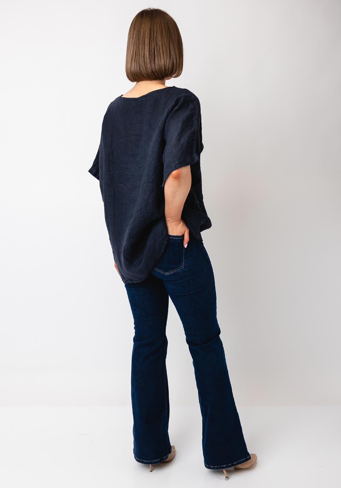 Serafina Collection One Size Pocket Front Linen Blouse, Navy