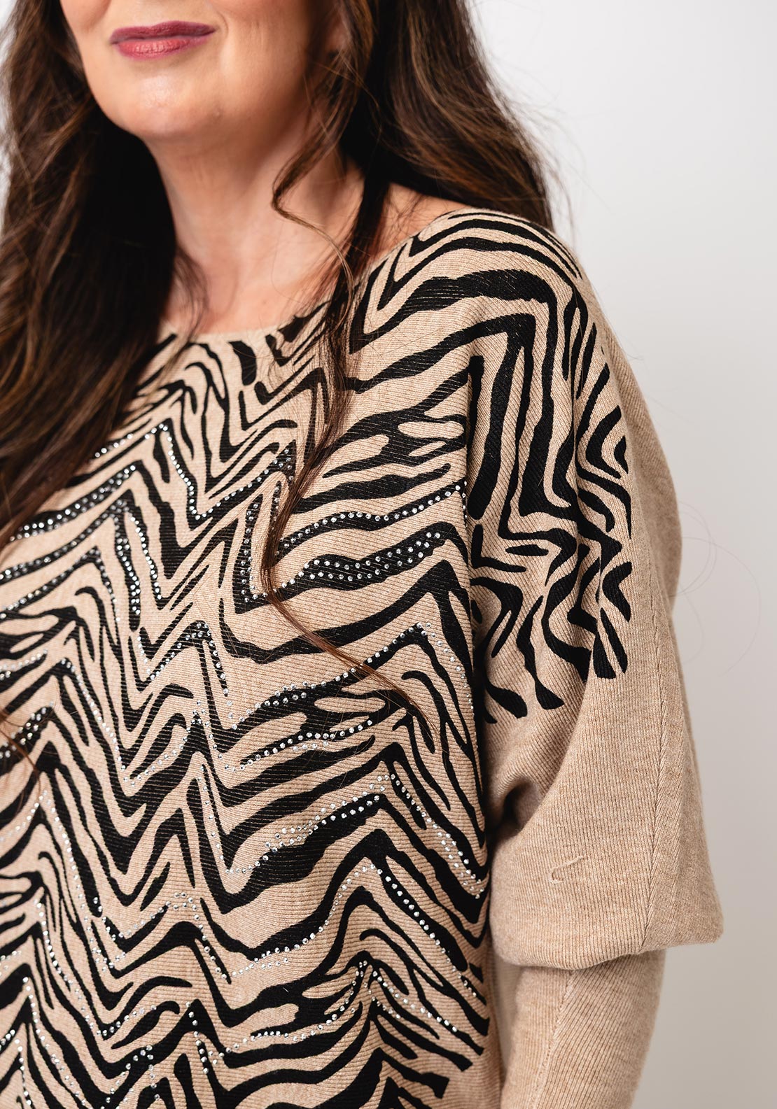 Serafina Collection One Size Zebra Rhinestone Knit Jumper, Beige