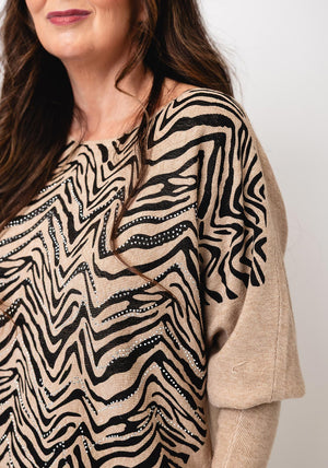 Serafina Collection One Size Zebra Rhinestone Knit Jumper, Beige