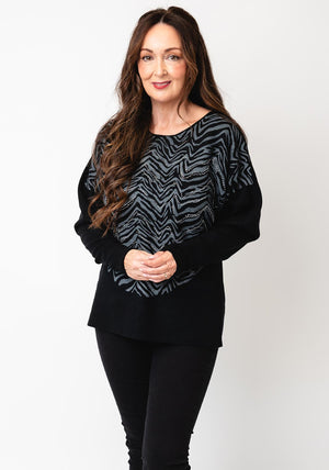 Serafina Collection One Size Zebra Rhinestone Knit Jumper, Grey & Black