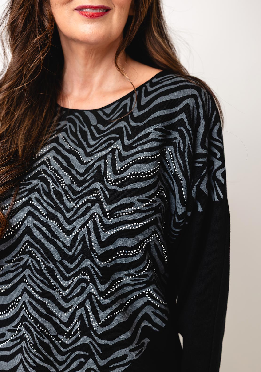 Serafina Collection One Size Zebra Rhinestone Knit Jumper, Grey & Black