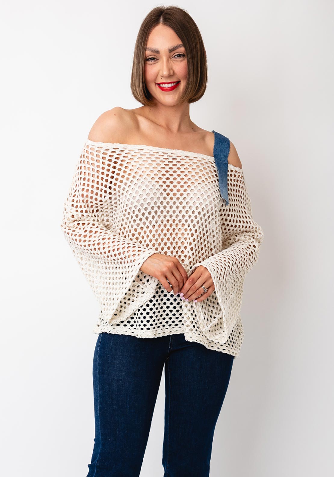 Serafina Collection One Size Crochet Glitter Sweater, Cream
