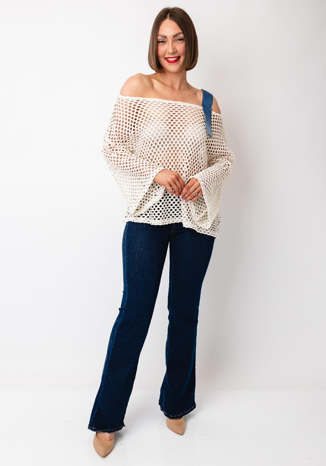 Serafina Collection One Size Crochet Glitter Sweater, Cream
