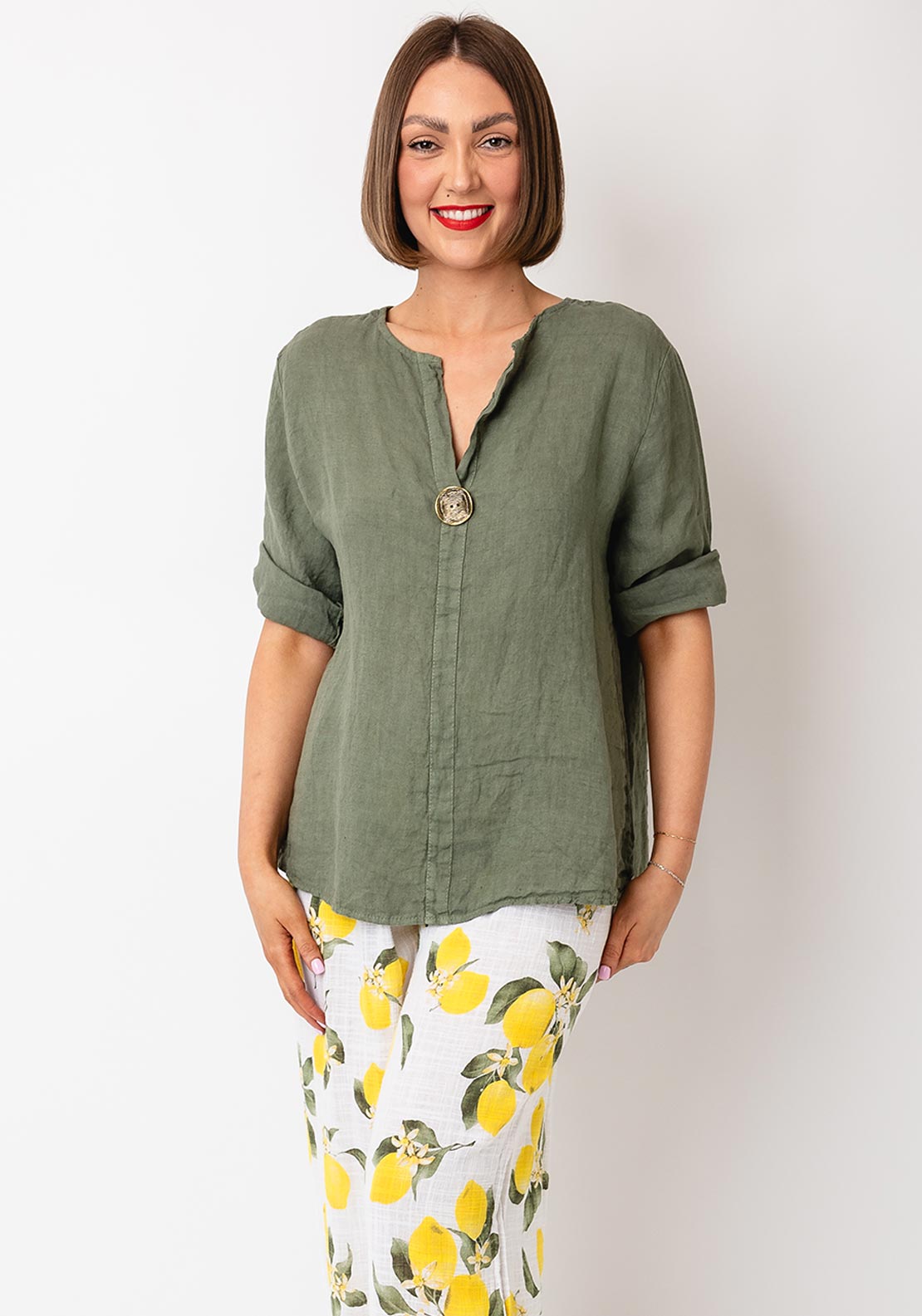 Serafina Collection One Size Linen Blouse, Khaki Green