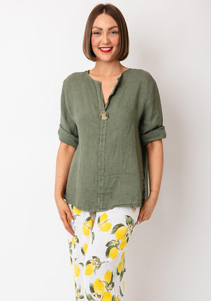 Serafina Collection One Size Linen Blouse, Khaki Green