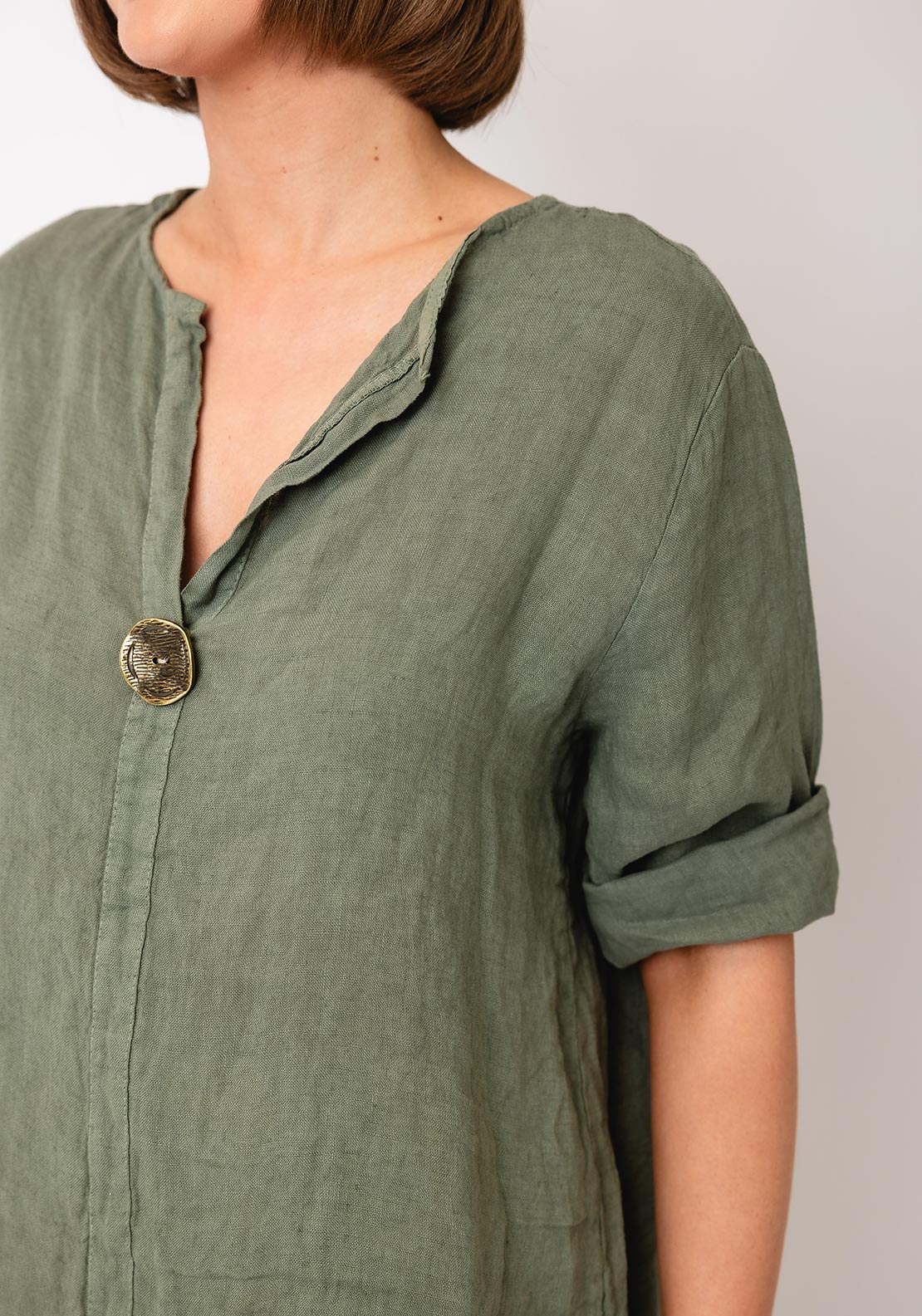 Serafina Collection One Size Linen Blouse, Khaki Green