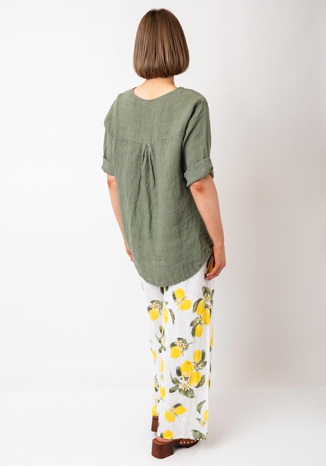 Serafina Collection One Size Linen Blouse, Khaki Green