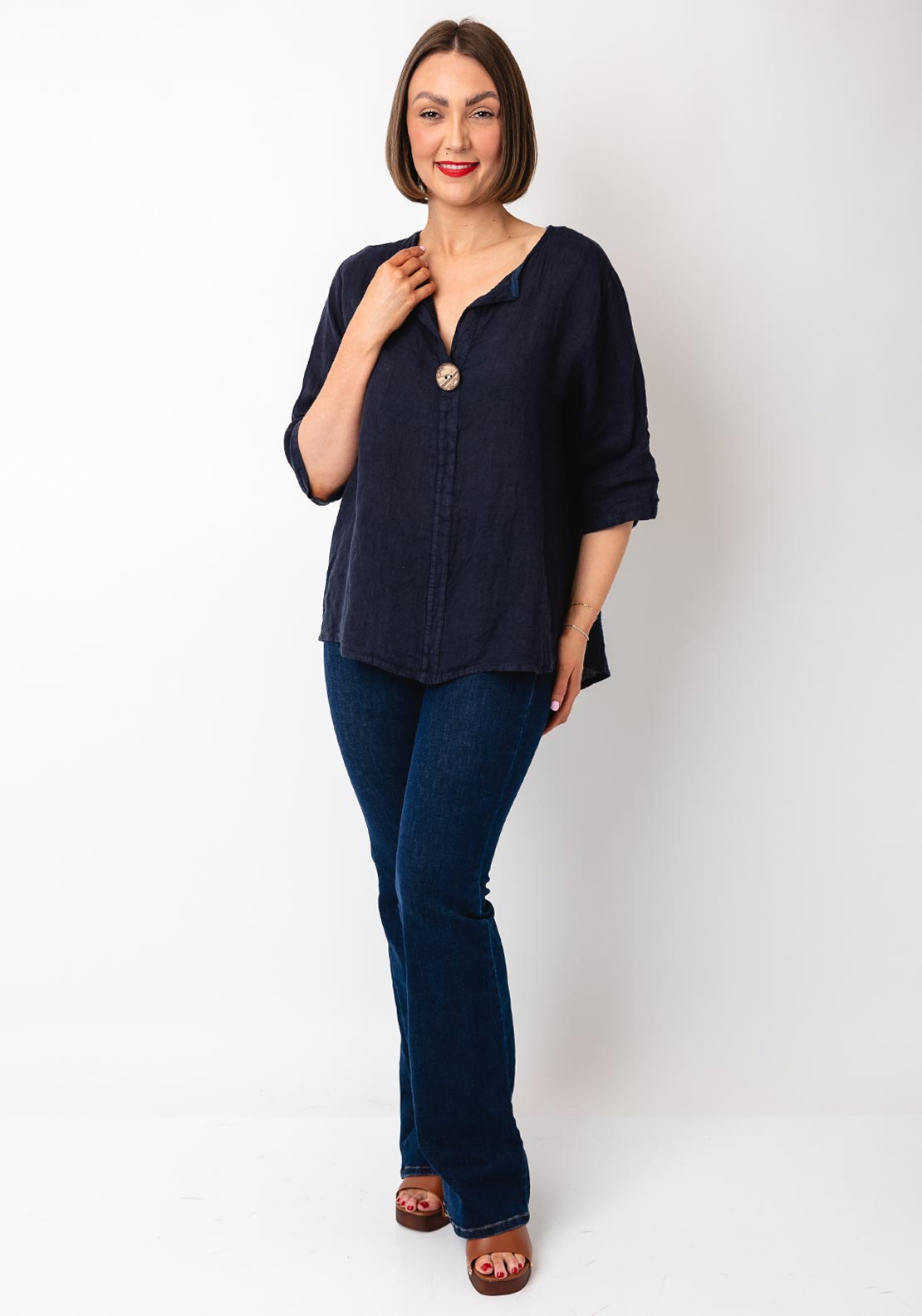 Serafina Collection One Size Linen Blouse, Navy