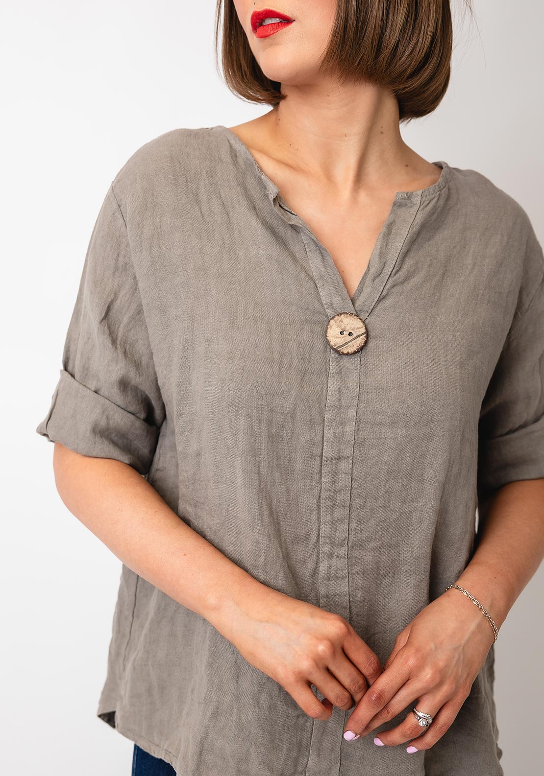 Serafina Collection One Size Linen Blouse, Taupe