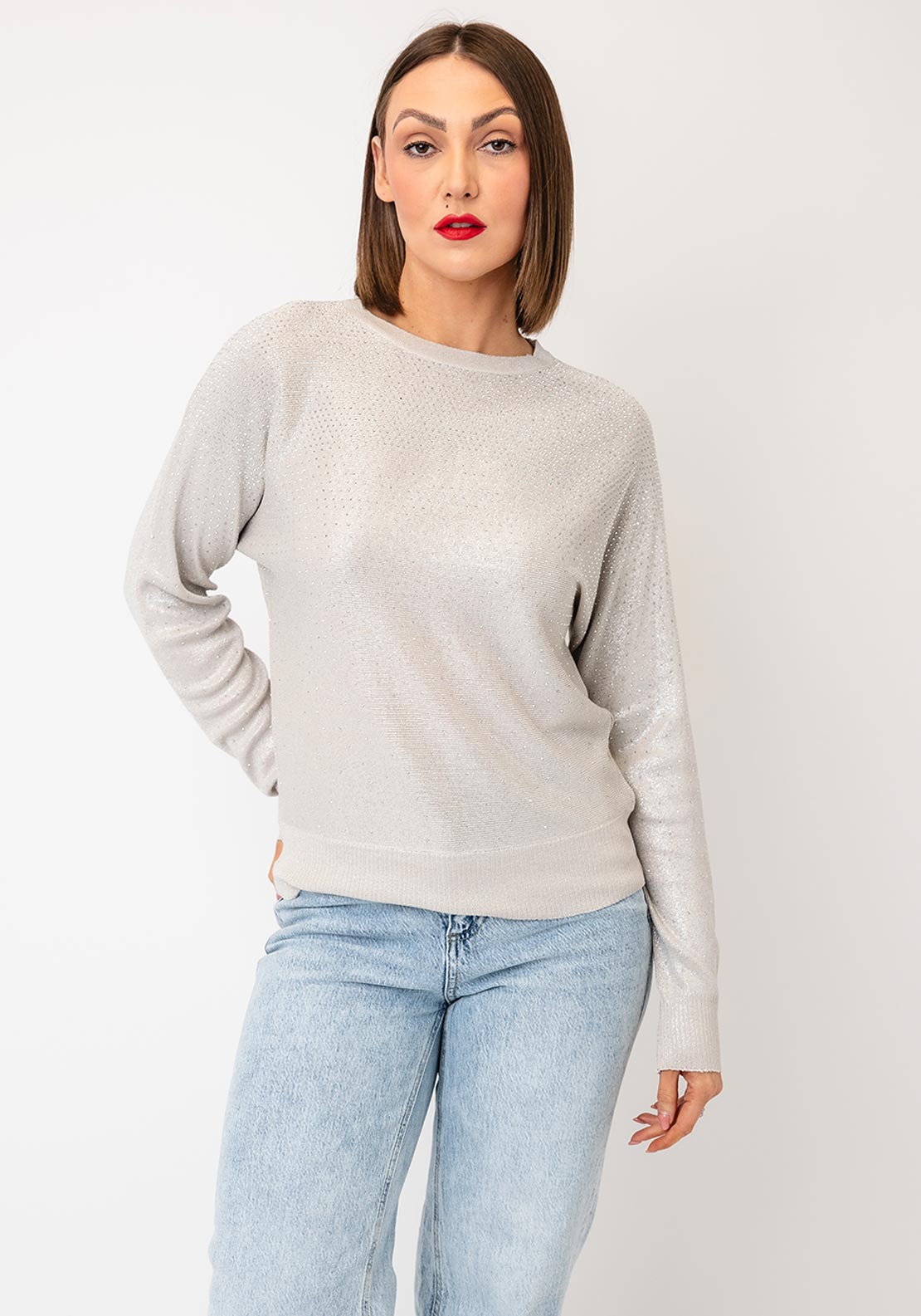 Serafina Collection Lurex Rhinestone Knit Top, Silver