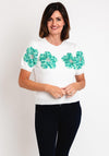 Serafina Collection One Size Flower Applique Sweater, White & Green