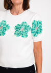 Serafina Collection One Size Flower Applique Sweater, White & Green