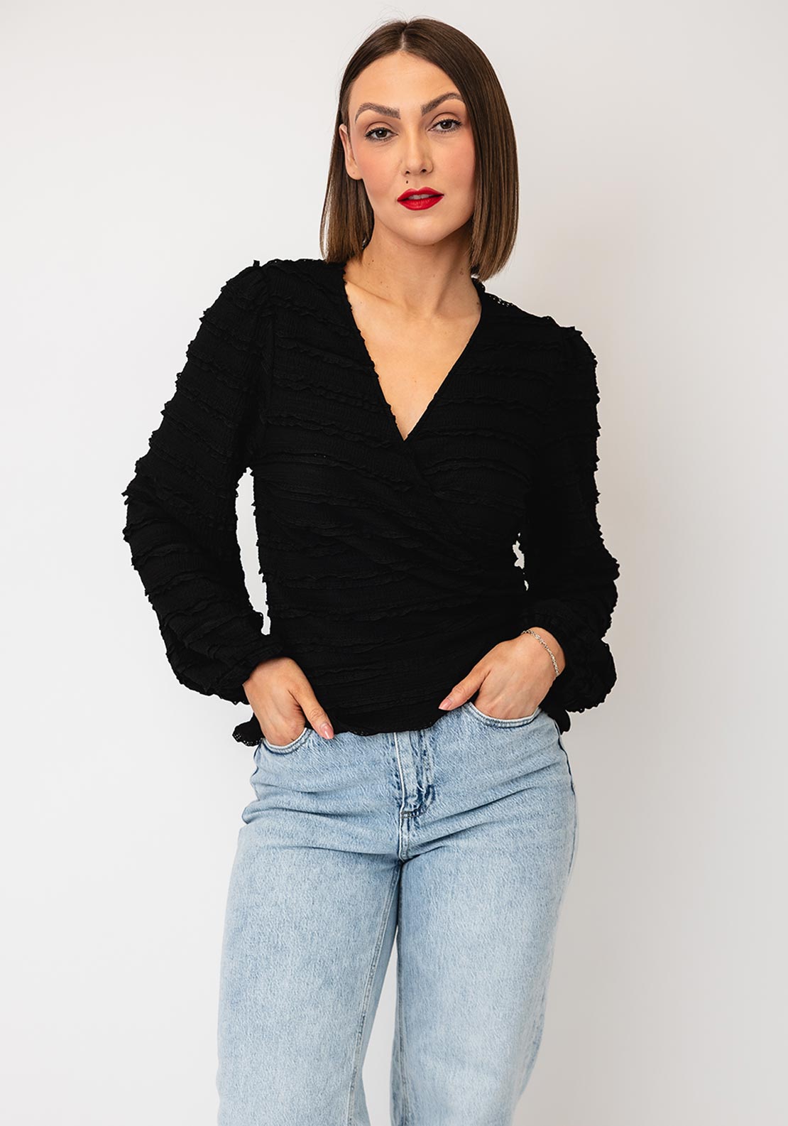 Serafina Collection Frill Wrap Cardigan, Black