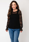 Serafina Floral Print Long Sleeve Mesh Top, Black