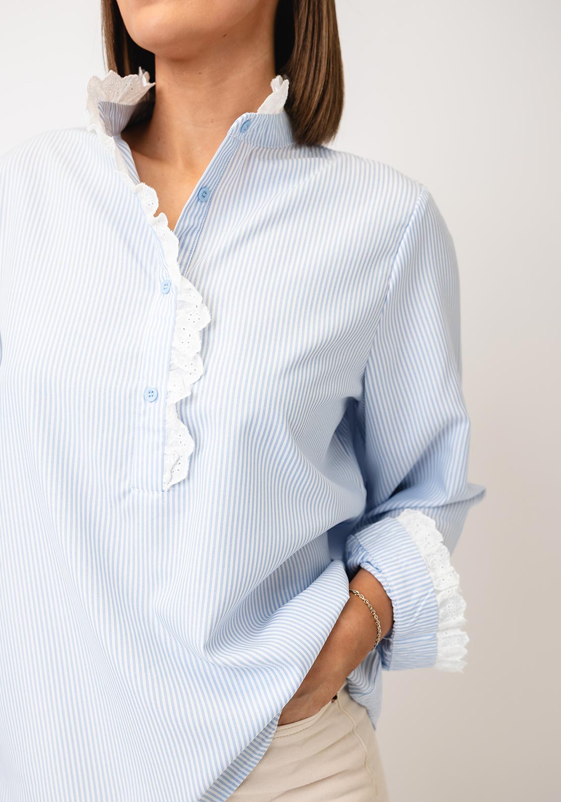 Serafina Collection Striped Frill Neck Blouse, Blue