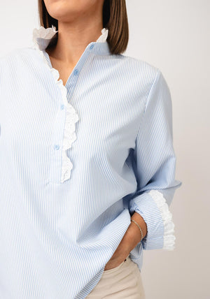 Serafina Collection Striped Frill Neck Blouse, Blue