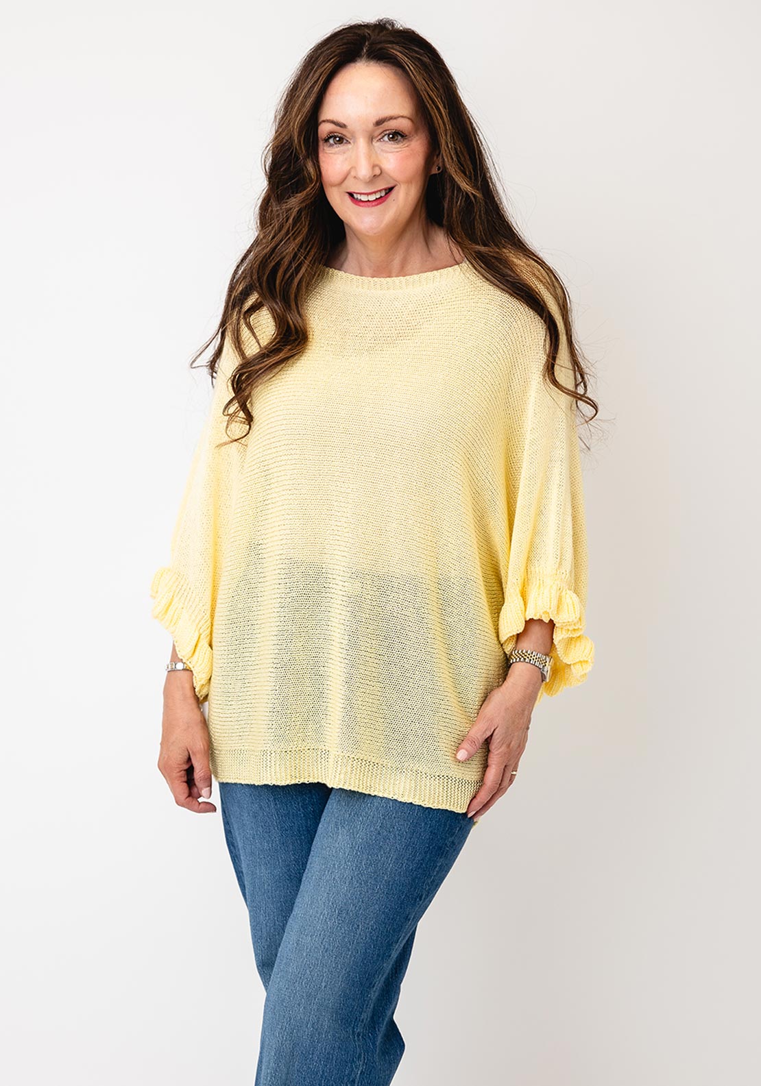 Serafina One Size Frill Sleeve Knit Jumper, Lemon