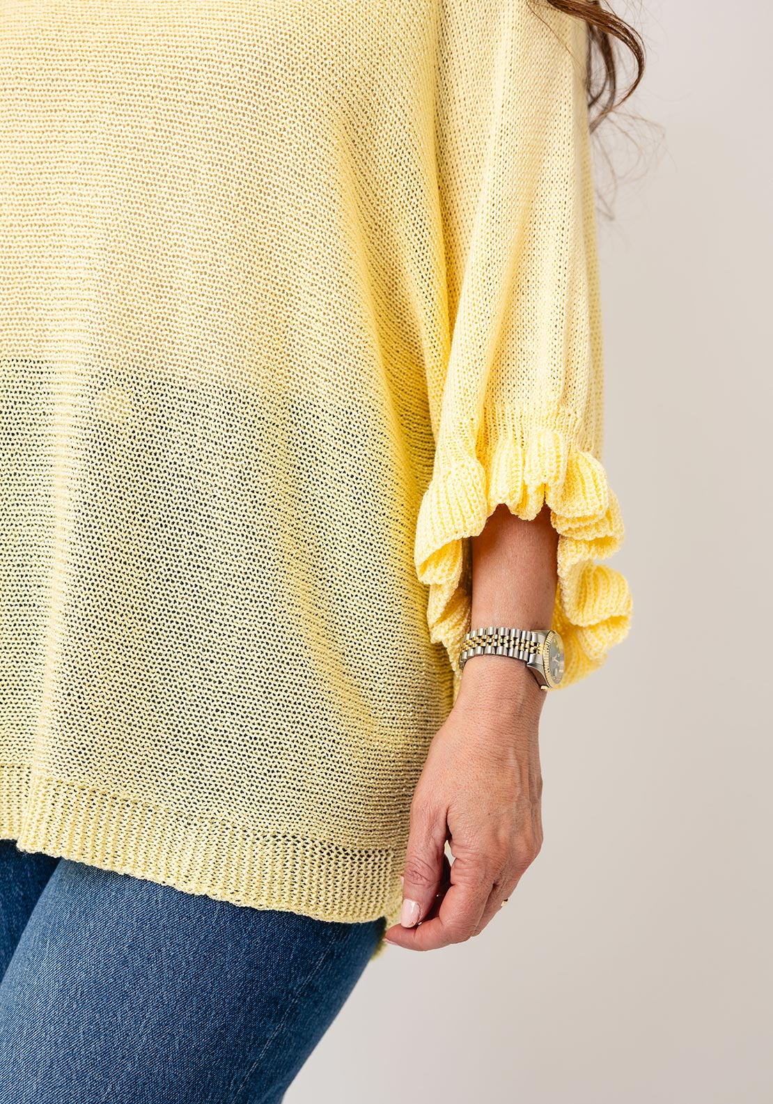 Serafina One Size Frill Sleeve Knit Jumper, Lemon