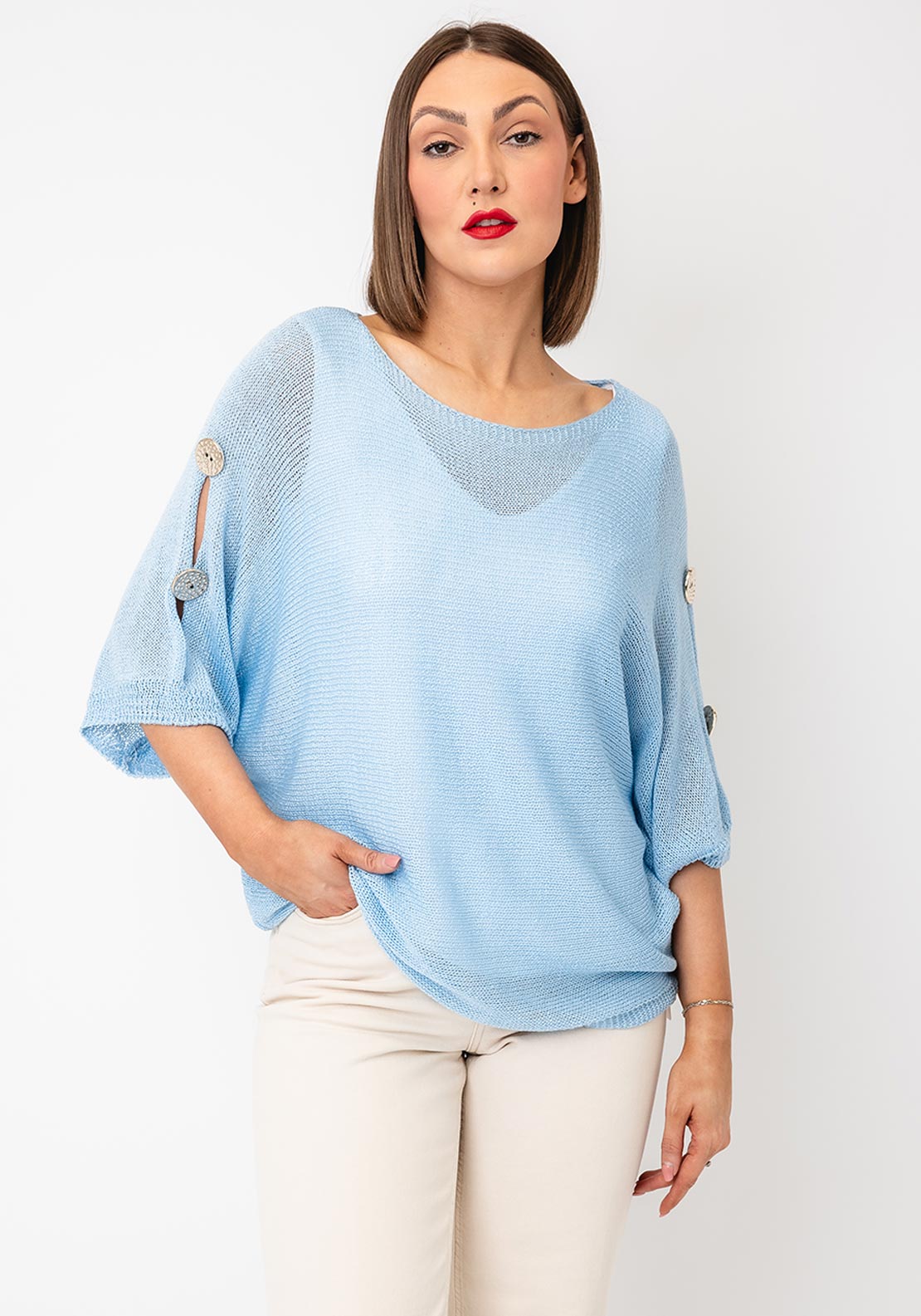 Serafina Knitted with Embellished Button Detail Sweater, Blue