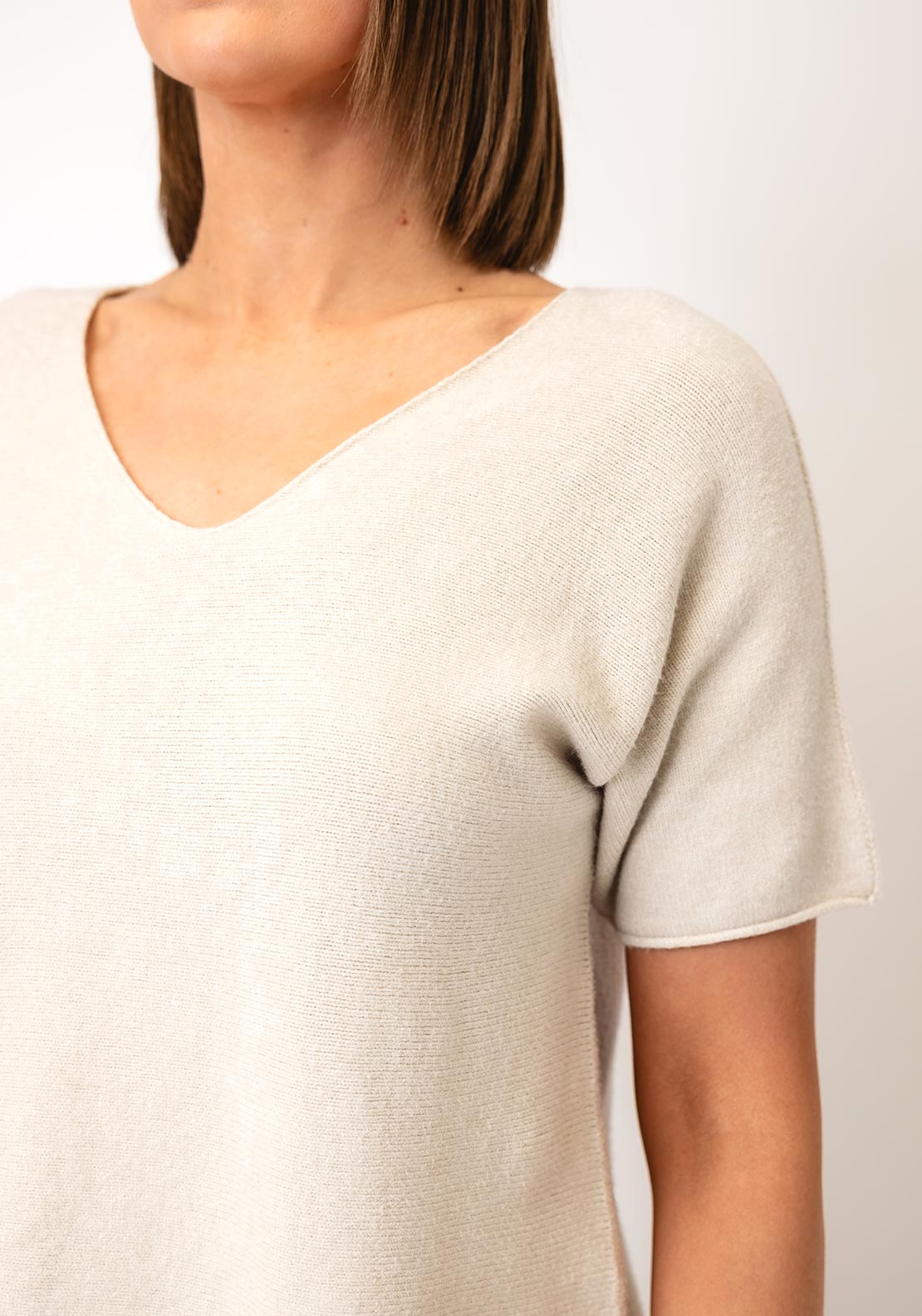 Serafina V-Neck Short Sleeve Jumper, Beige