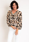 Serafina Collection One Size Retro Print V Neck Top, Beige