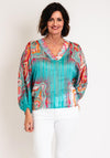 Serafina Collection One Size Retro Print V Neck Top, Teal