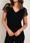 Serafina Collection Rhinestone Crochet Sleeve Top, Black