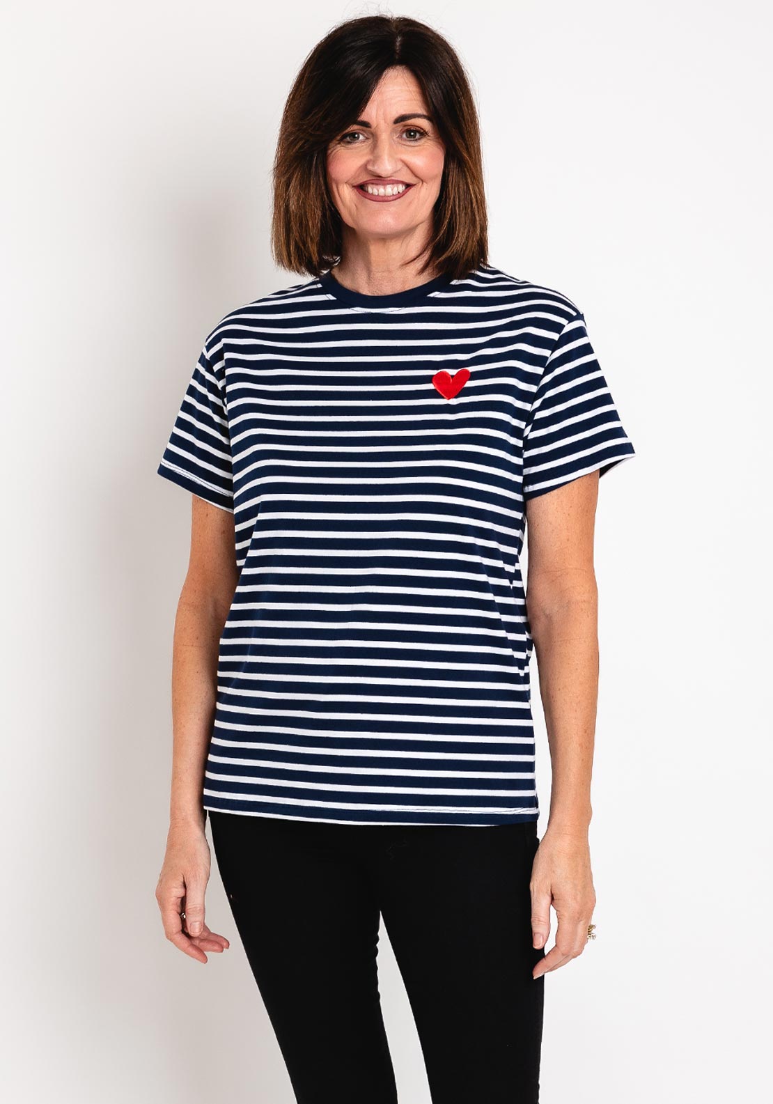 Serafina Collection Striped Heart Motif T-Shirt, Navy