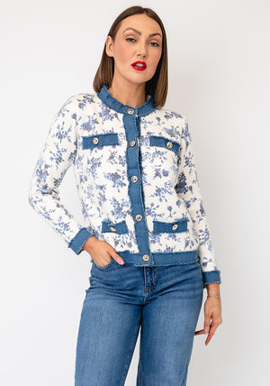 Serafina Denim-Like Detail Embellished Jacket, Cream Multi