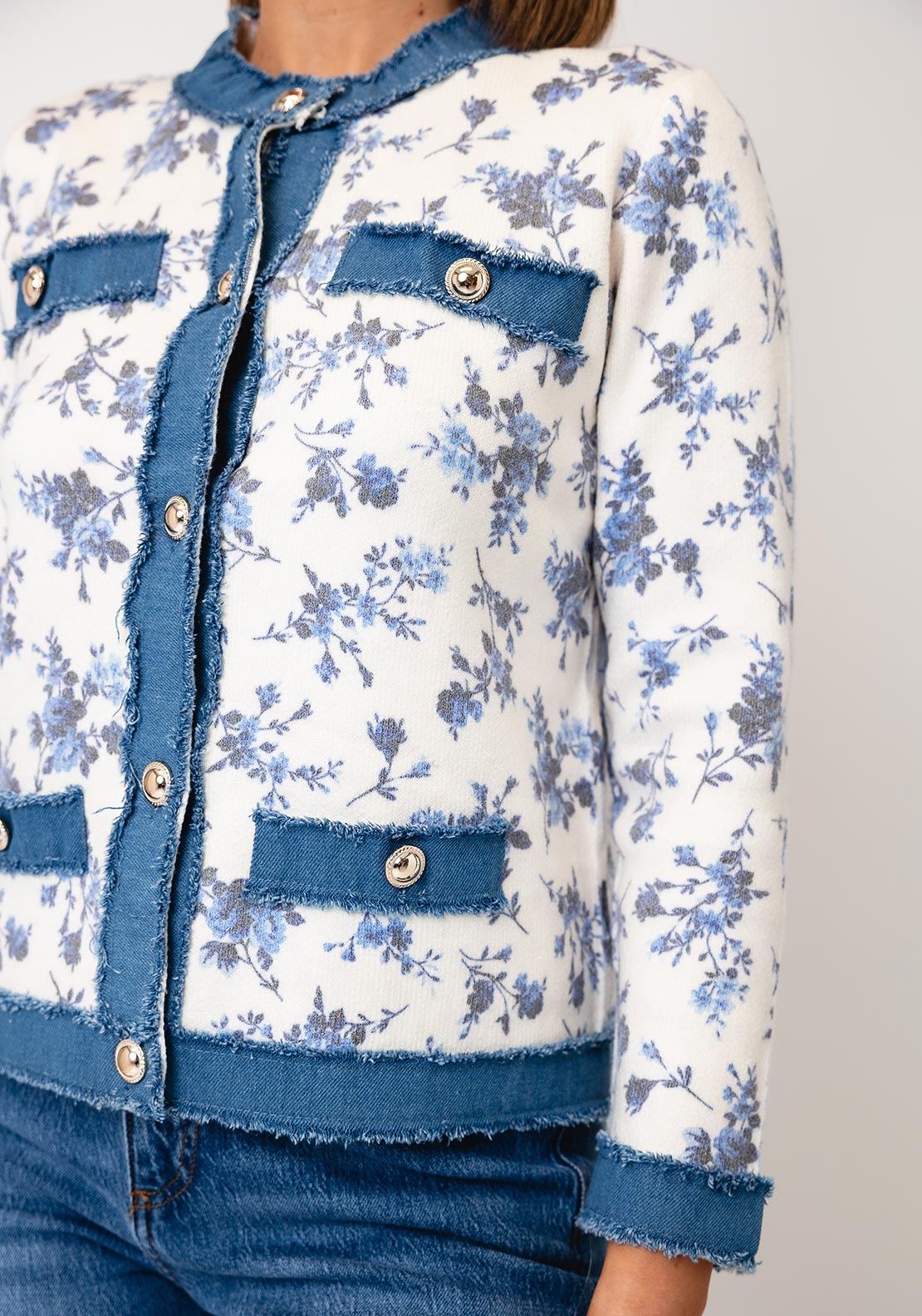 Serafina Denim-Like Detail Embellished Jacket, Cream Multi