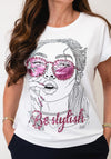 Serafina Graphic Print with Rhinestone Detail T-Shirt, White