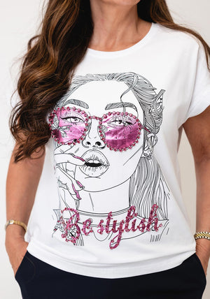 Serafina Graphic Print with Rhinestone Detail T-Shirt, White