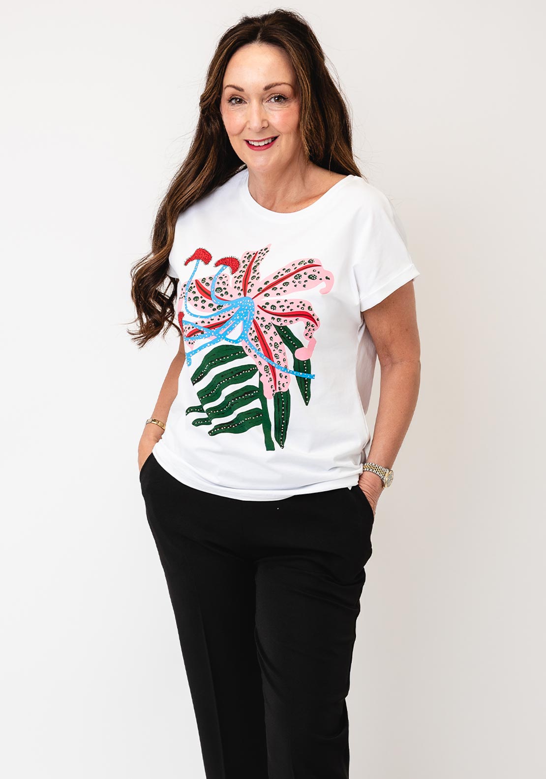 Serafina Graphic Print with Rhinestone Detail T-Shirt, White Multi