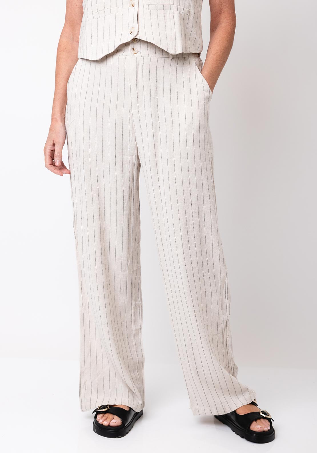 Serafina Collection Linen Mix Stripe Wide Leg Trousers, Beige