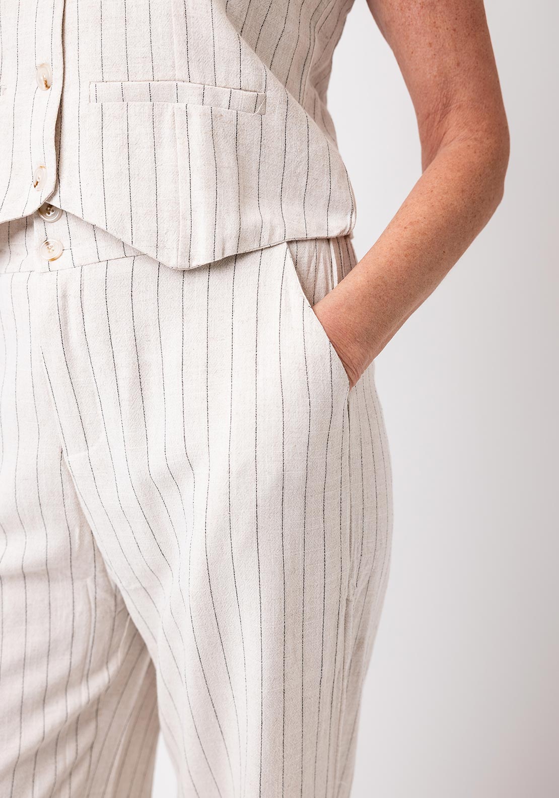 Serafina Collection Linen Mix Stripe Wide Leg Trousers, Beige