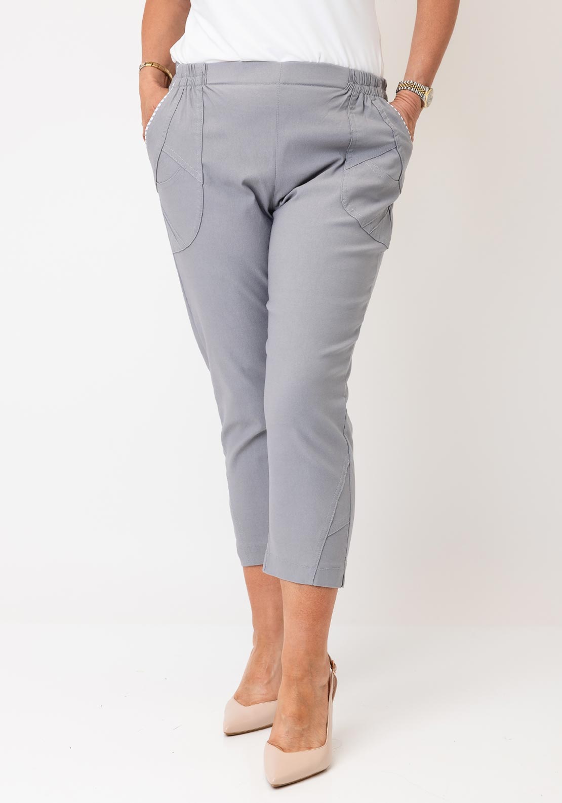 Serafina Elasticated Slim Leg Capri Trousers, Grey