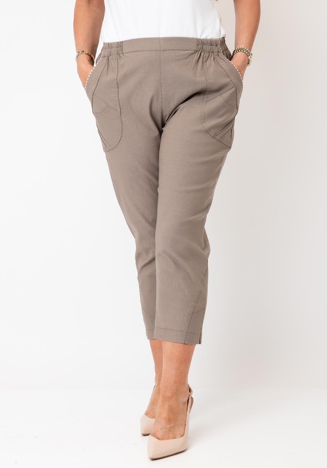 Serafina Elasticated Slim Leg Capri Trousers, Taupe