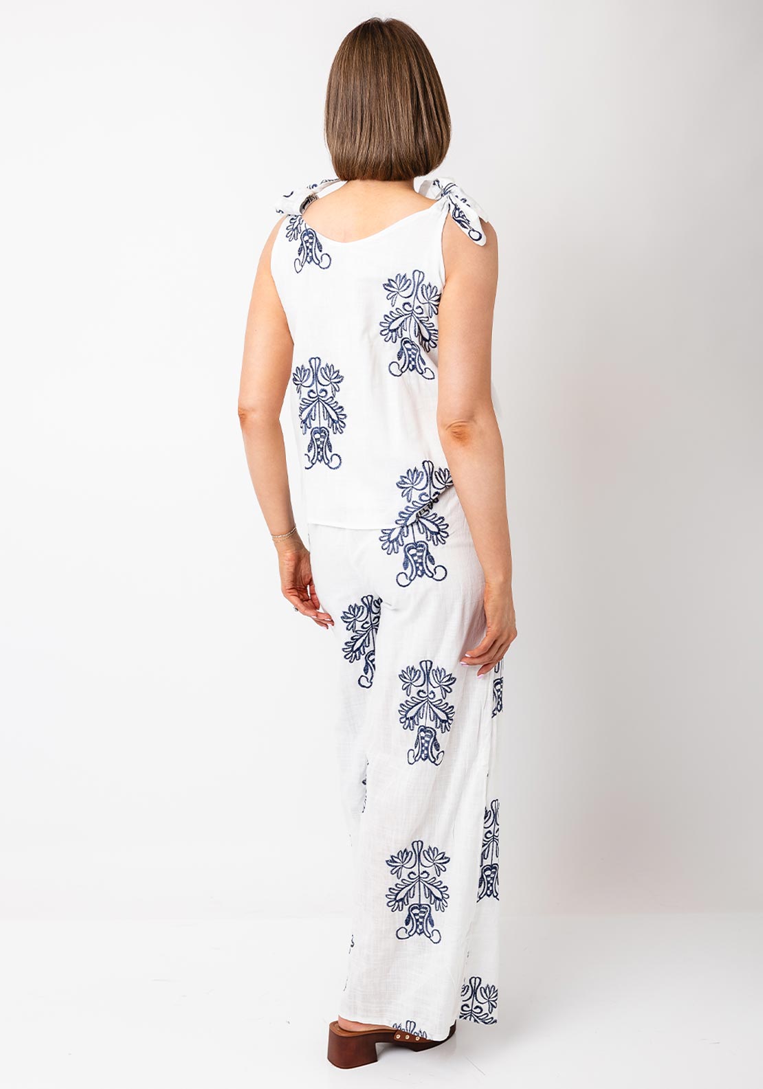 Serafina Collection Floral Embroidered Top and Trouser Co-Ord, White and Blue