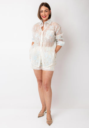 Serafina Collection Lace Floral Blouse and Shorts Co-Ord, Cream Multi