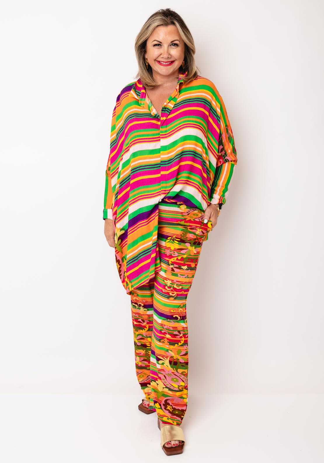 Serafina Collection One Size Floral Striped Oversized Blouse, Multi Coloured