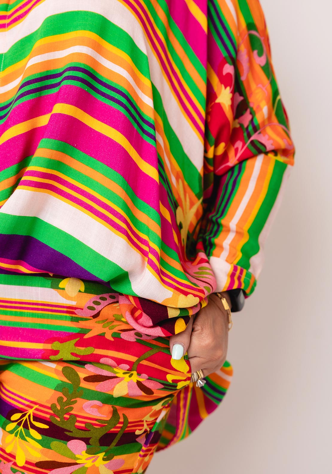 Serafina Collection One Size Floral Striped Oversized Blouse, Multi Coloured
