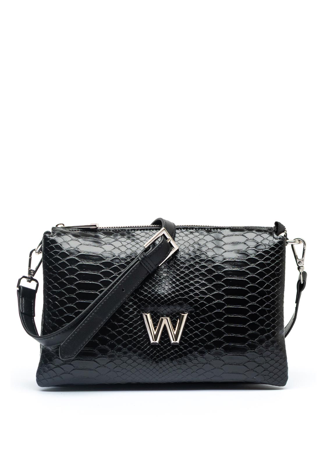Wonders Drop Triple Compartment Faux Croc Crossbody Bag, Black