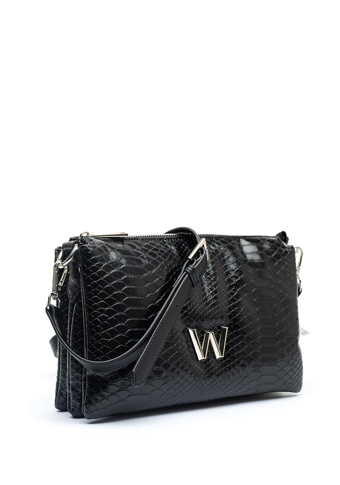 Wonders Drop Triple Compartment Faux Croc Crossbody Bag, Black