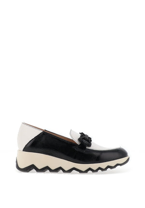 Wonders Sima Patent Buckle Wedge Loafers, Black and White