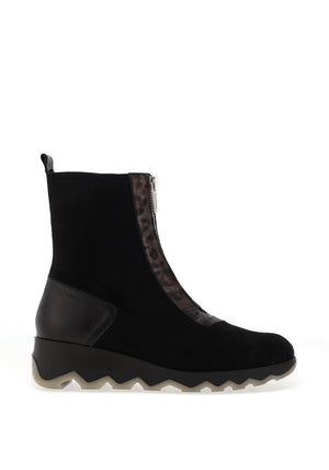 Wonders High Ankle Leopard Printed Zipper Boot, Black