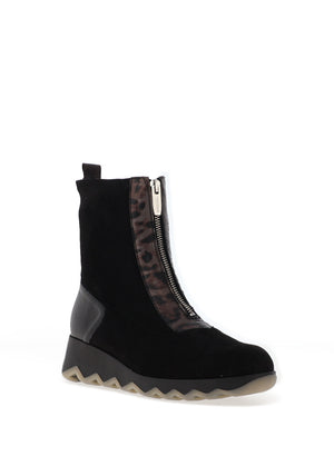 Wonders High Ankle Leopard Printed Zipper Boot, Black