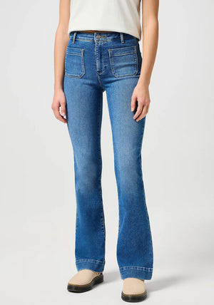 Wrangler Raven Pocket Detail Flare Jeans, Medium Blue